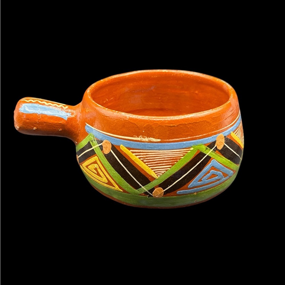 Vintage Mexican Colorful Clay Planter Flower  Pot with Handle Hand Painted 8”